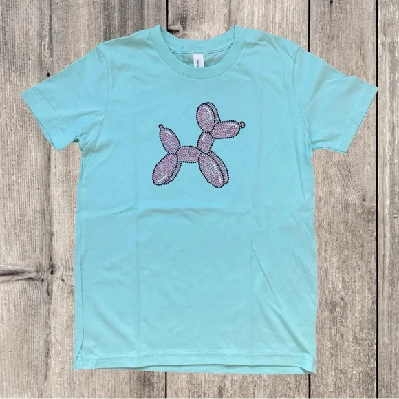 Girls Handmade Mint Green T-Shirt With Pink Rhinestone Balloon Dog Size Medium - Picture 1 of 8